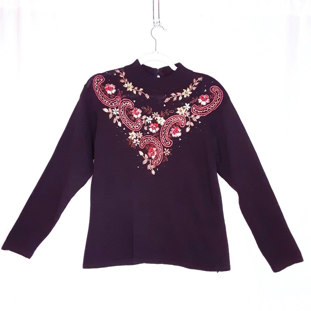 💎1980s Carly St Claire Sweater Black Beaded Embroidered Mock Neck Top Sz Small